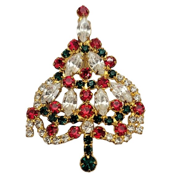 Gold Tone Red Green Clear Prong Set Rhinestone Christmas Tree Brooch Pin K582 - Picture 1 of 7